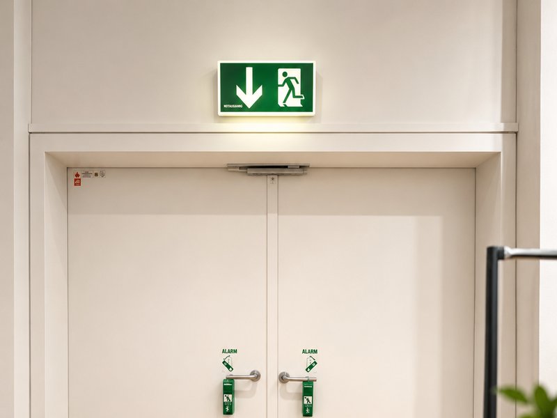 Fluchttür mit beleuchtetem Notausgangsschild und Alarm-Panikstangen