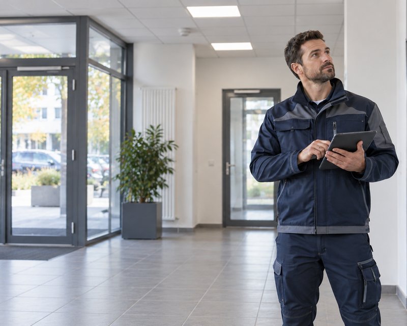 Techniker bei professioneller Objektbetreuung in Gewerbegebäude