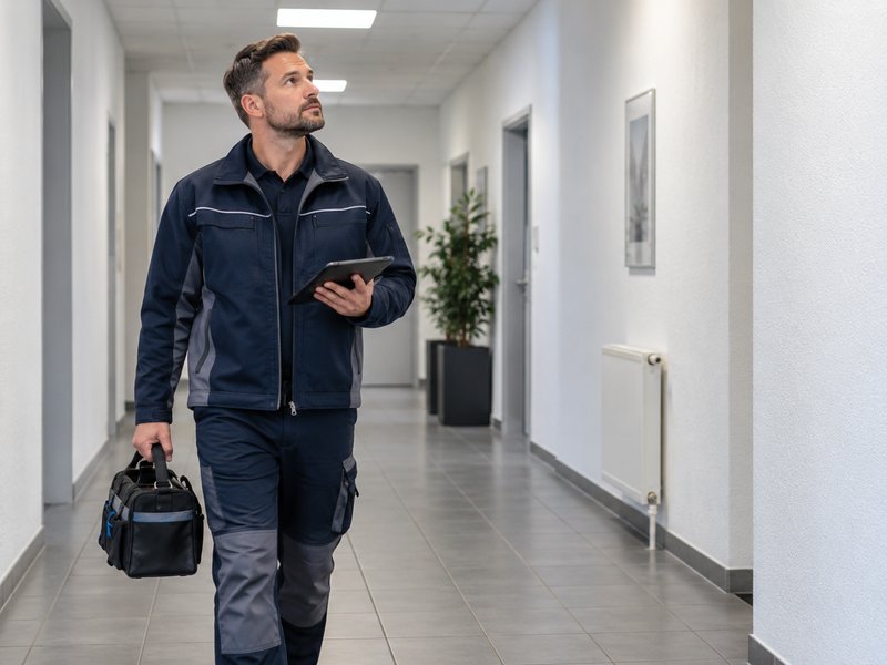 Hausmeister in professioneller Arbeitskleidung bei Objektkontrolle