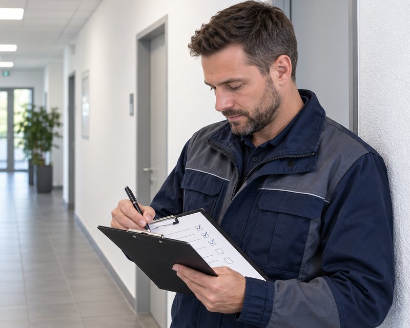 Koordination von Handwerkern – Techniker mit Klemmbrett und Checkliste