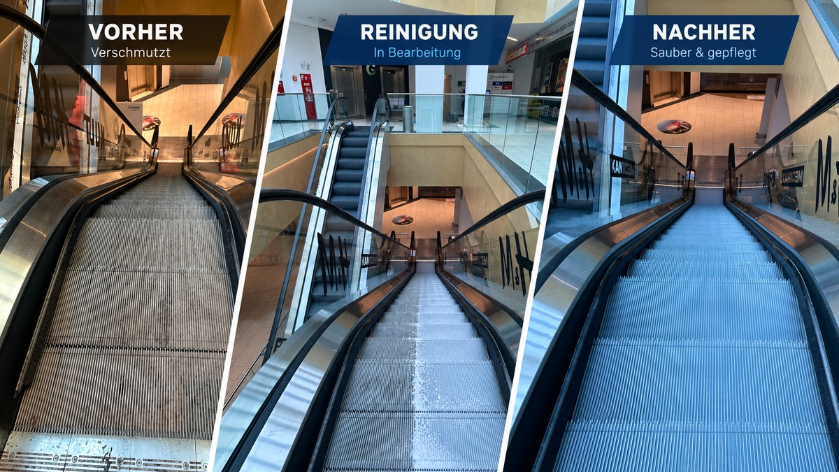 Rolltreppenreinigung im Vorher-Nachher-Vergleich: verschmutzt, in Bearbeitung, sauber und gepflegt